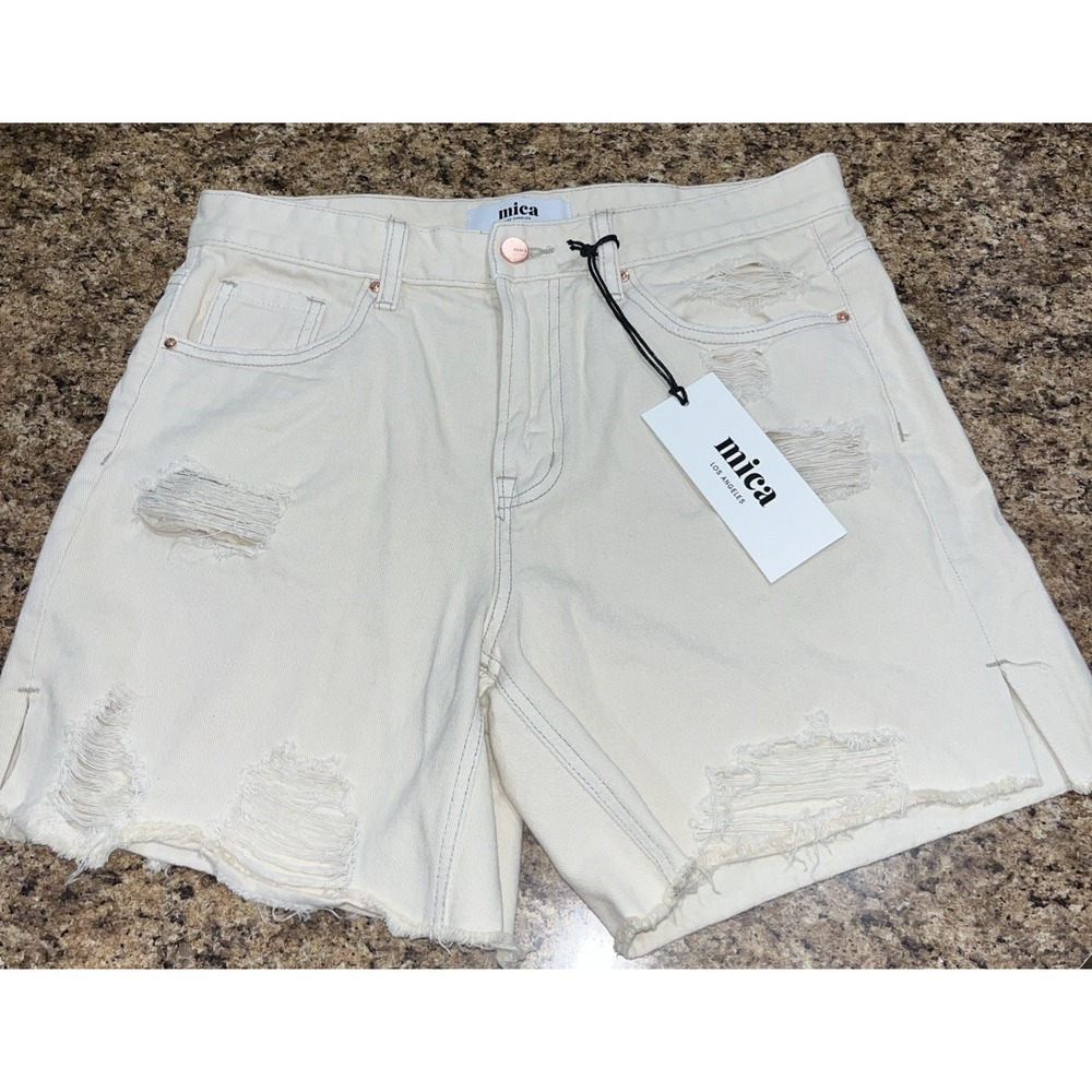 Mica Los Angeles Ramos Beige Denim High Waist Shorts Distressed Raw Hem Sz Md